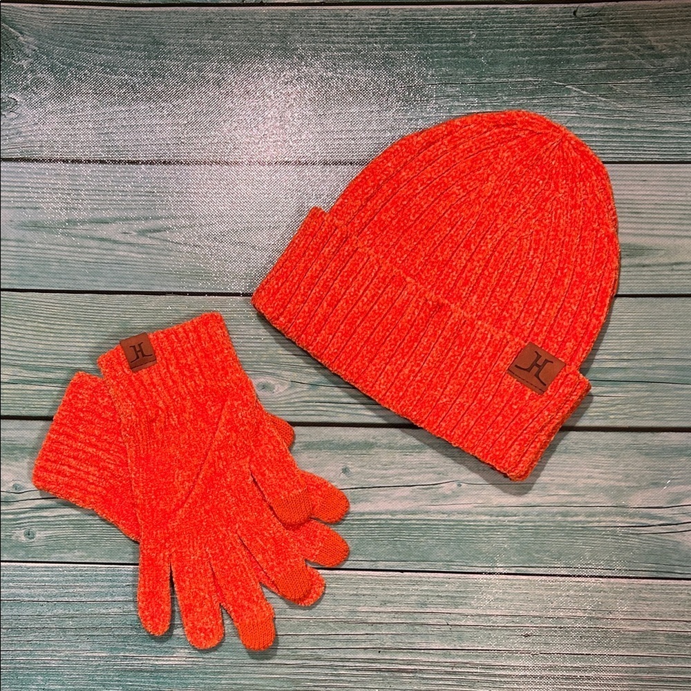 Hurley Bright Orange Knit Hat and Gloves Set
